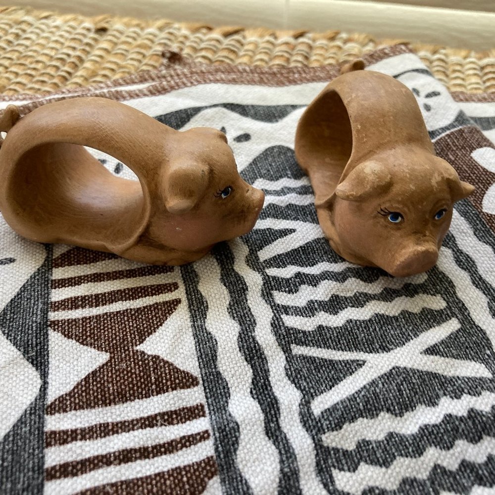 Four Boho Cloth  Napkins with Four Ceramic Pig Napkin Rings
